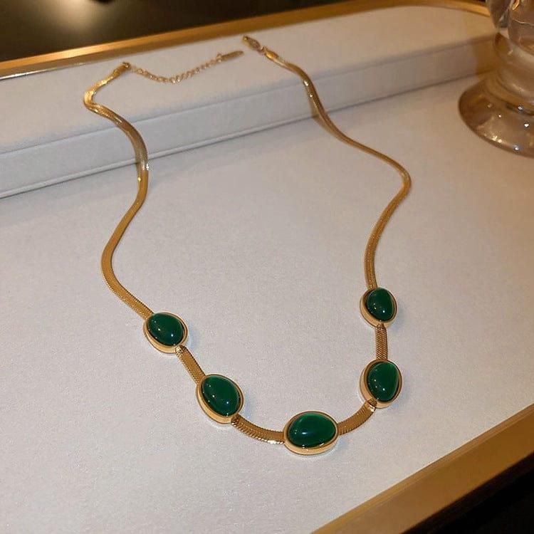 Oval Green Crystal Pendant Necklace Set With Bracelet - Meoily